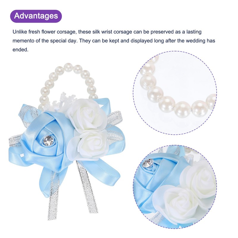 8Pcs Wrist Corsage Artificial Flower Bracelets Rose Wrist Decorative Sky Blue gallery