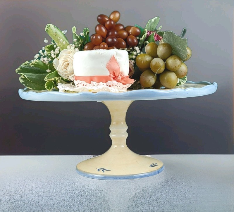 Waverly Provence Footed Cake Plate - Rooster, Floral Scroll, Blue Trim gallery