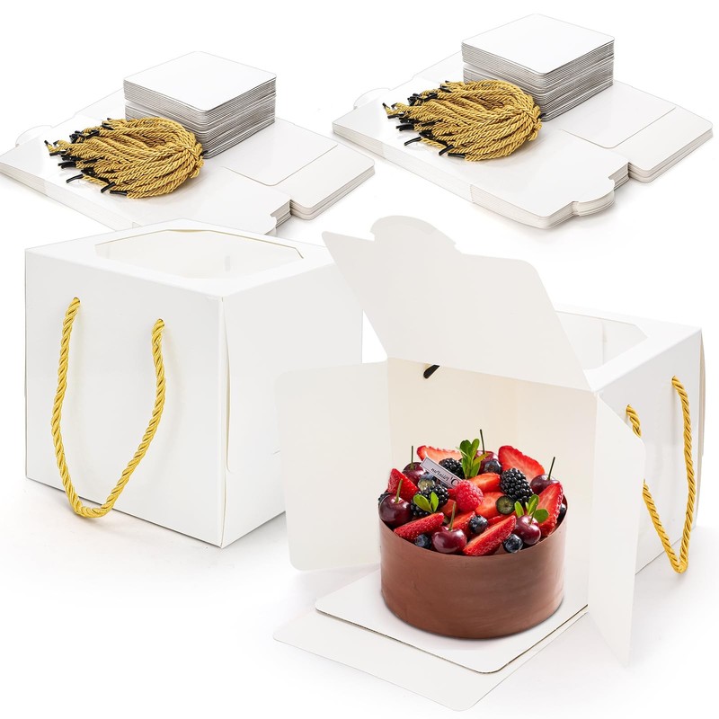 30 PCS Small Cake Box With Window And Handles 6x6x6 Inch White Bakery Box