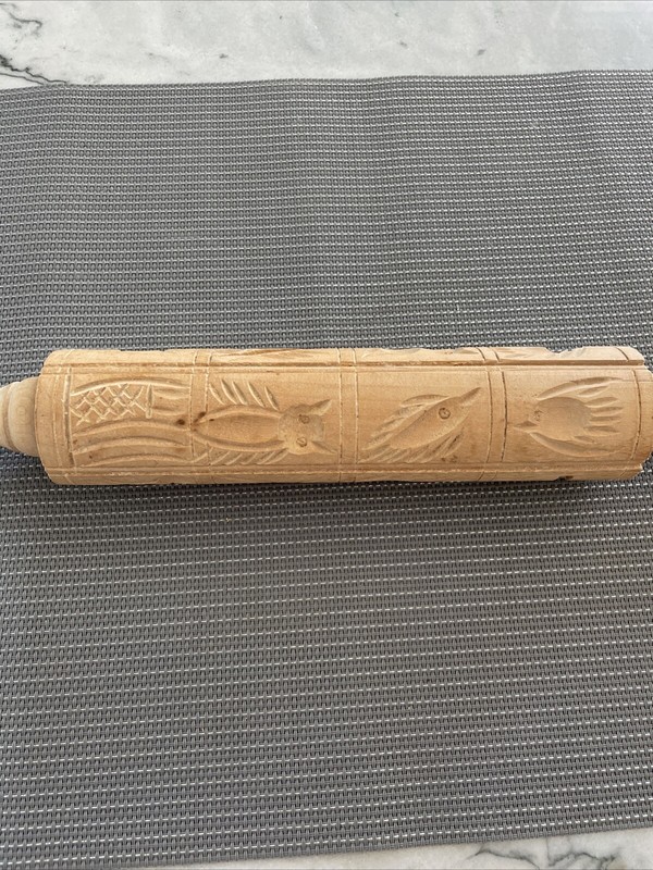 VTG German Springerle Rolling Wooden Pin 16 Cookie Molds Folks Art Animals Flora gallery
