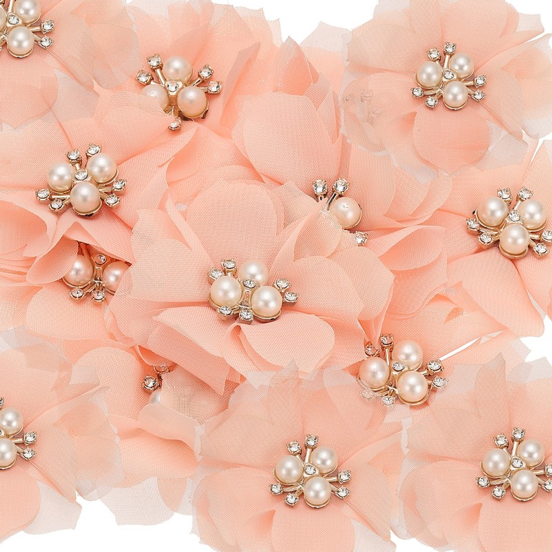 15Pcs 2.36 Inch Rhinestone Chiffon Flower Fabric Appliques Peach Pink
