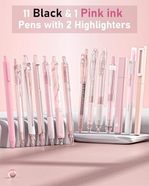 Writing Ink Pens with Black & Ink & 2 Pack Highlighter - Cute Retractable Pink gallery