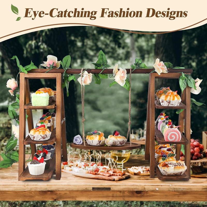 Wooden 3 Tier Cupcake Stand W/ Swing & Flower Decoration Serving Removable Tray gallery