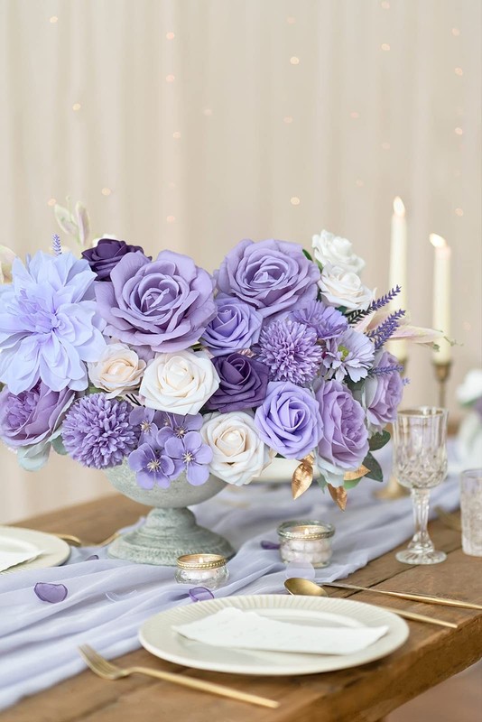 FACINOC Purple Roses Artificial Flowers Box Set with Stems - Realistic Faux Flor gallery