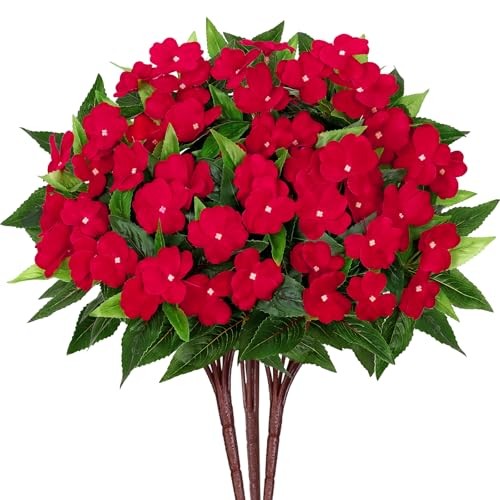 Artificial Flowers for OutdoorsPCS Fake Impatiens Flower Bouquet Faux 3 Red gallery