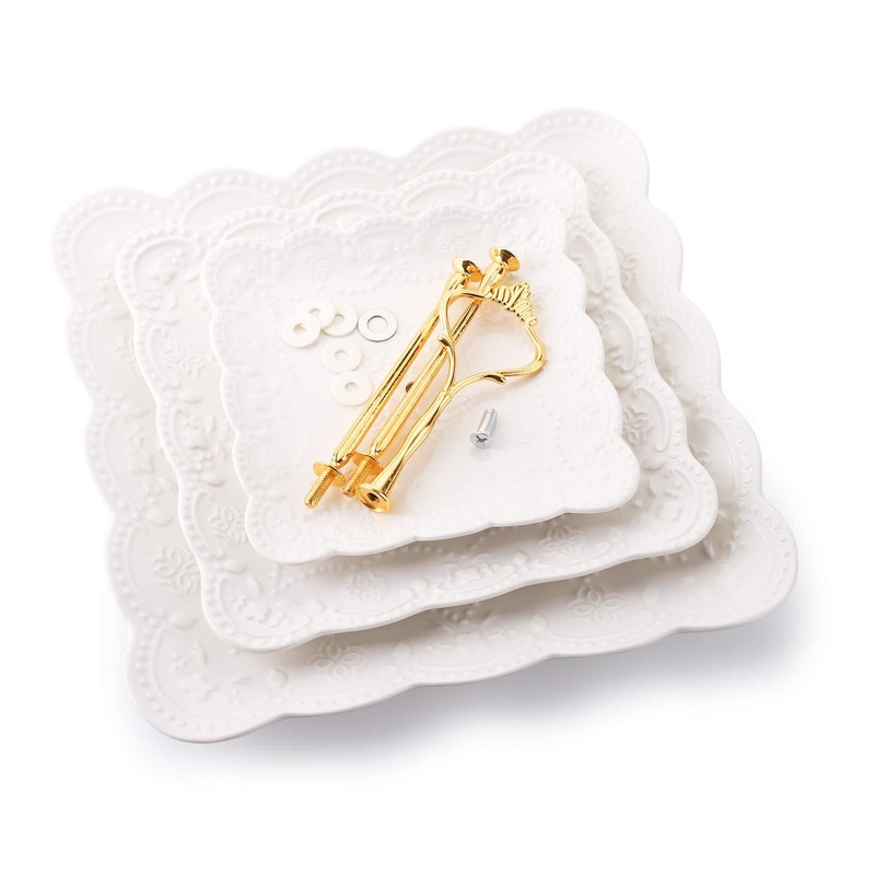 2 Pack 3tier White Ceramic Embossed Dessert Cake Tower Stand With Gold Carry Han gallery