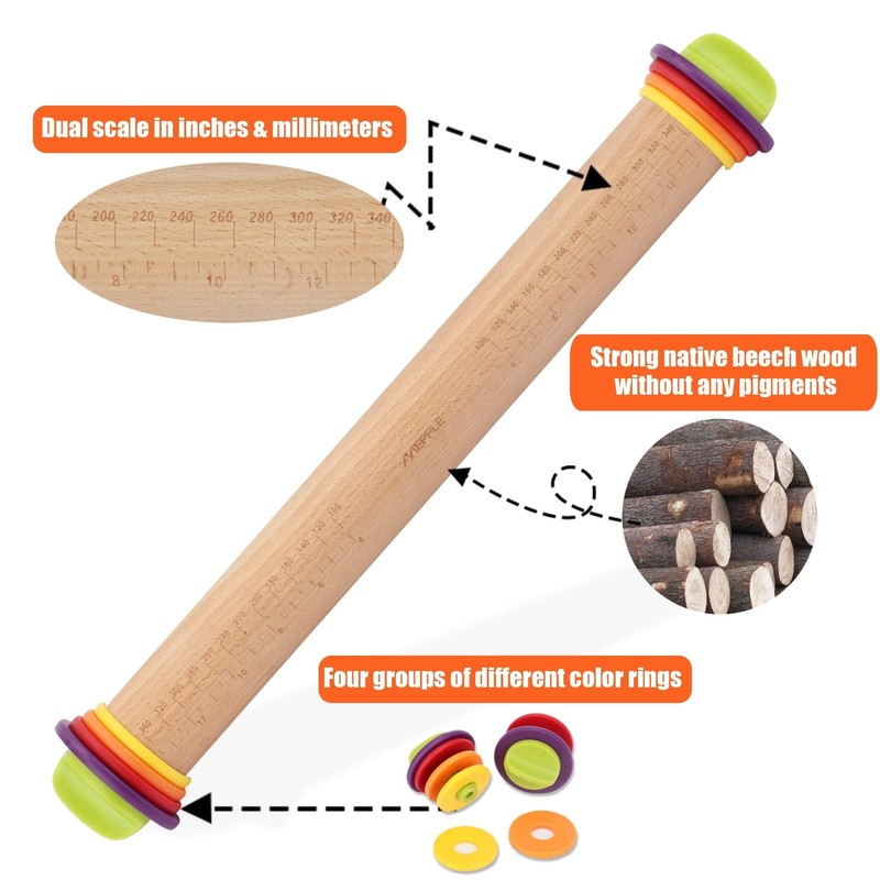 Rolling Pin with Thickness Rings for Fondant, Pizza, Pie Crust, Cookie, Pastr... gallery