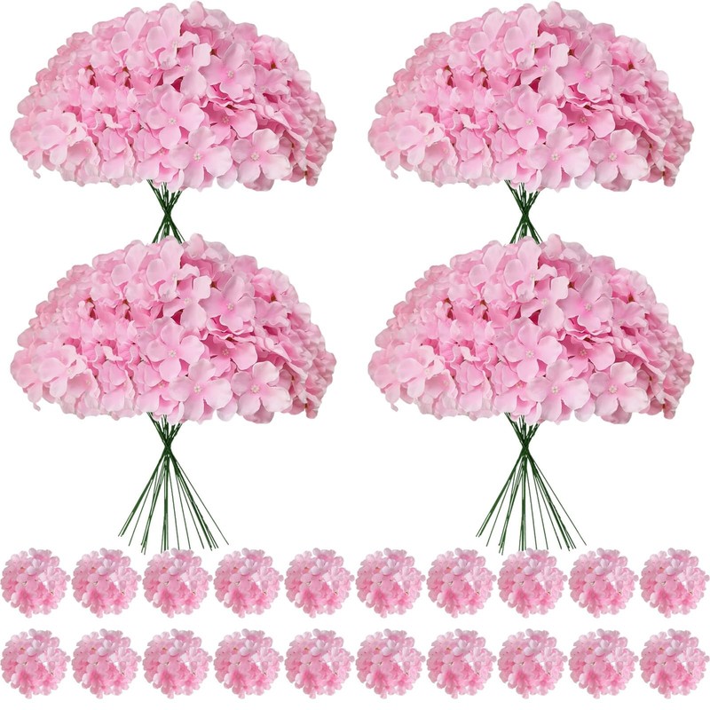 Cherica 100 Pcs Faux Pink Hydrangea Artificial Flowers Bulk Fake Silk Hydrangea