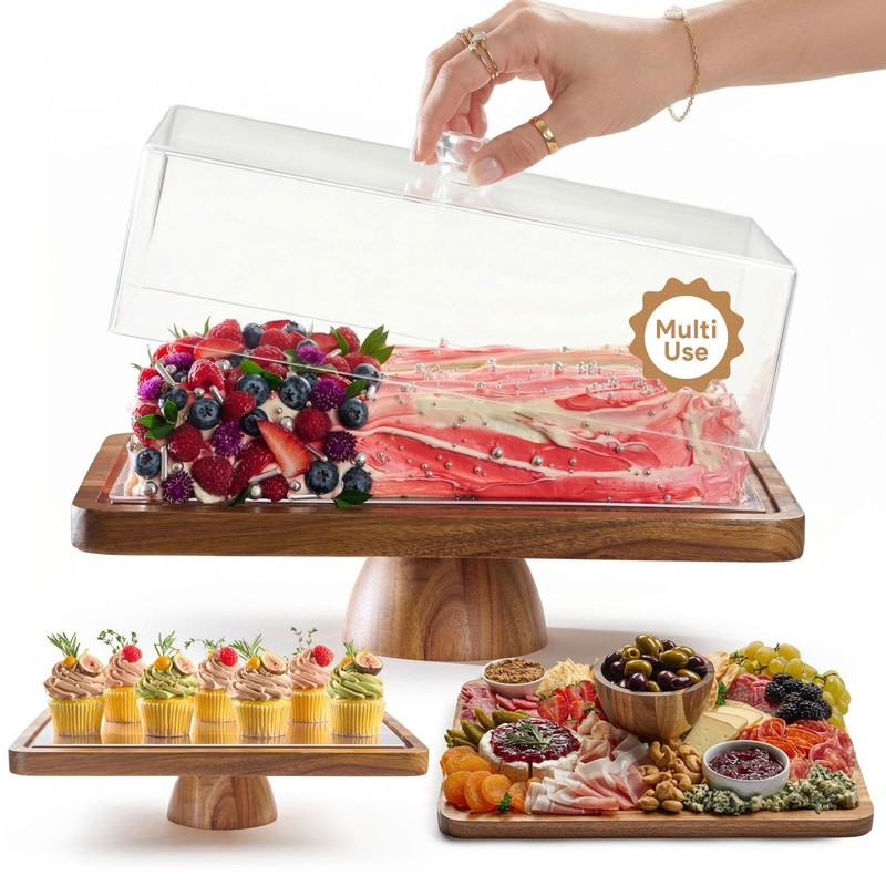 Acacia Wood Cake Stand with Lid - 2-in-1 Dessert Display & Charcuterie Board, La gallery