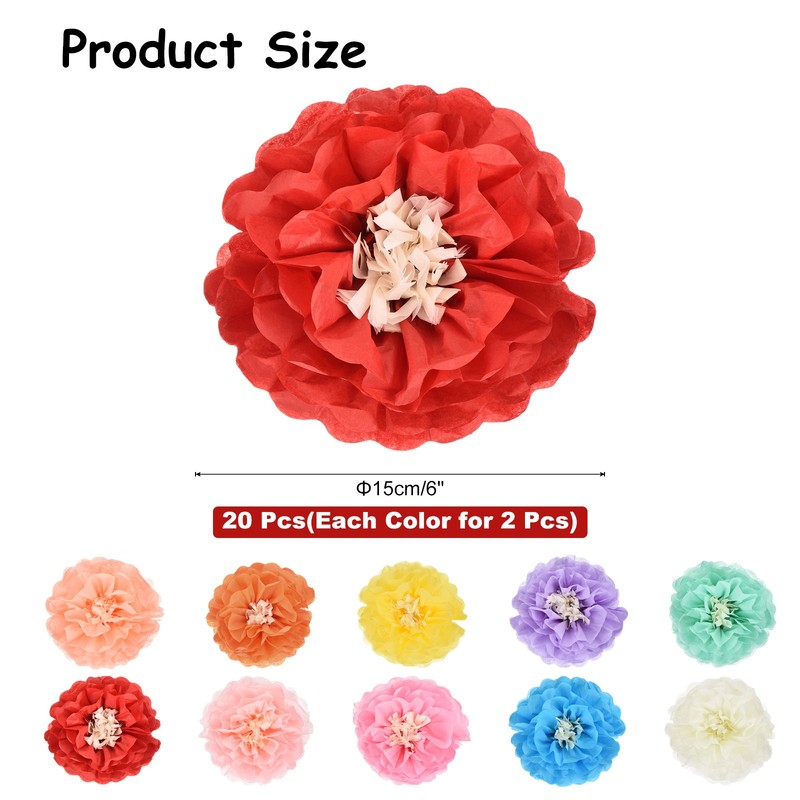 20 Pcs 10 Colors Mexican Paper Flowers, 6" 3D Flowers, [for DIY Crafting] gallery