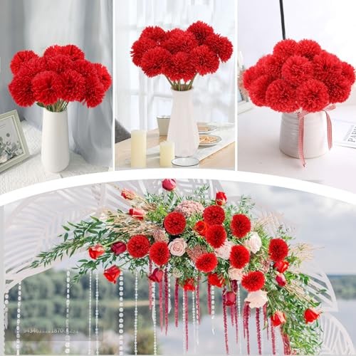 Pcs Artificial Chrysanthemums Flowers Silk Ball Flowers Fake Mums 12 Red gallery