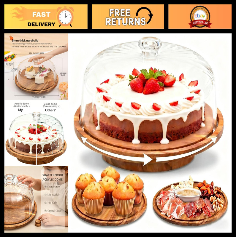 10.8” Shatterproof Acrylic Cake Stand with Lid & 11.8” Rotating Wood Base – Pe
