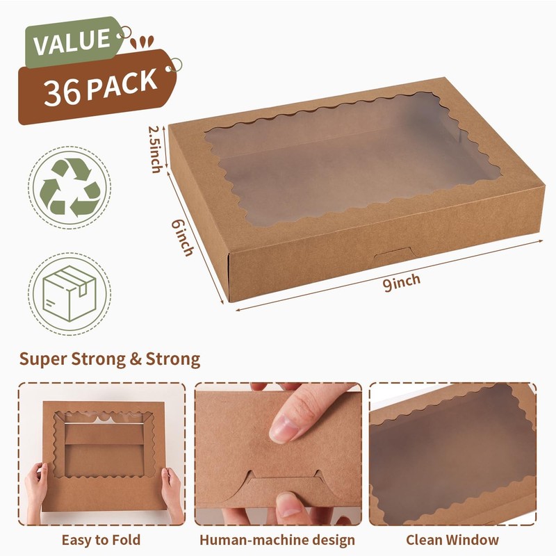 Cookie Boxes 9x6x2.5 Inch Large Window Bakery Pastry Brown 36 Pcs gallery