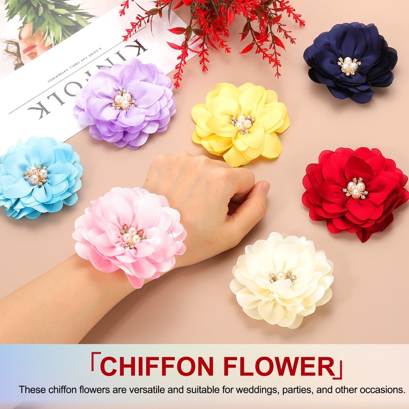 3.15 Inch Rhinestone Chiffon Flower, 5 Pcs Fabric Appliques, Pink gallery