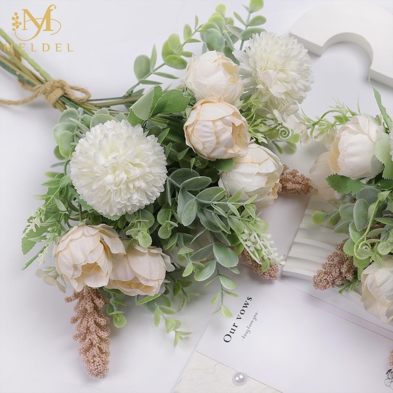 Meldel 3Pcs Rose Bouquet Light Champagne Artificial Flowers Peony Eucalyptus gallery