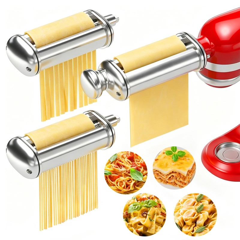 3PCS Pasta Maker Attachment for All 3-Piece Set (Roller & Cutters), Silver