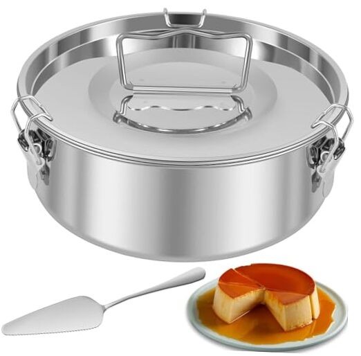 Flan Mold with Lid & Handle, 1.5Qt Stainless Steel Flan Pan Mold with Spatula,