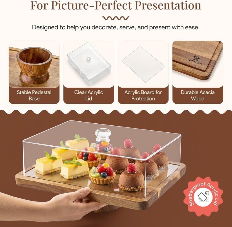 Rectangular Acacia Wood Cake Holder with Shatterproof Dome - Perfect for Events gallery