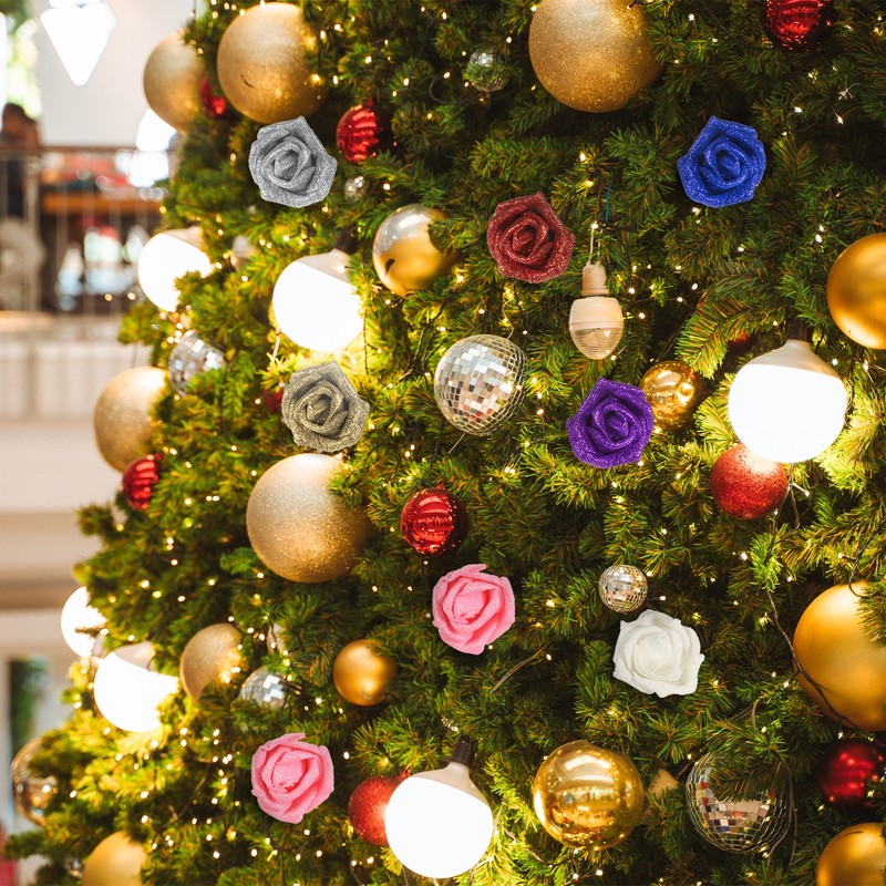 50Pcs Glitter Roses, Foam Artificial Flowers Roses Heads with Stem, White gallery