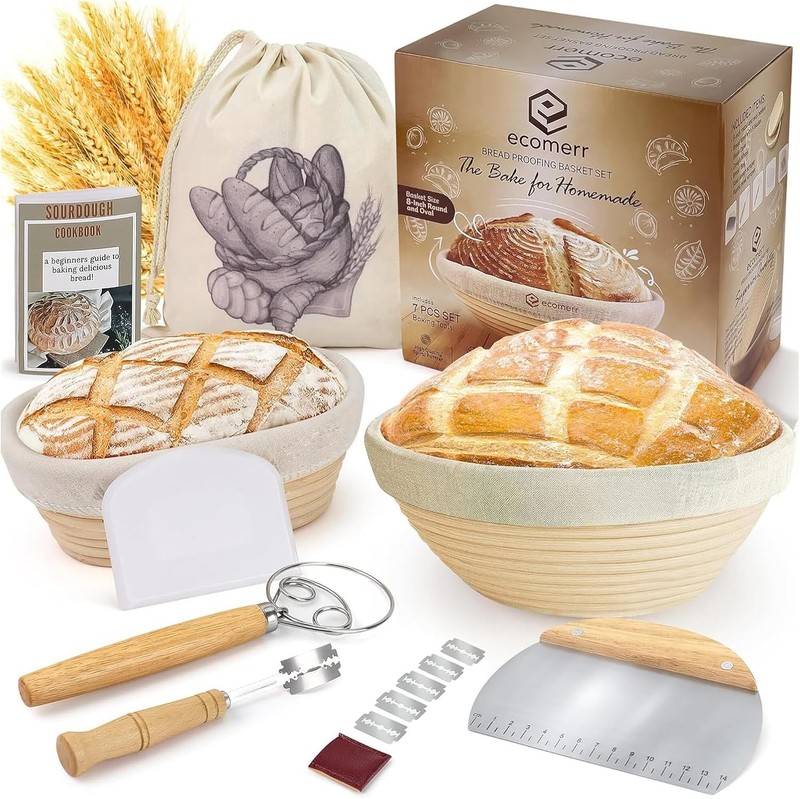 9″ Banneton Bread Proofing Basket Set of 2 – Round & Oval Rattan,