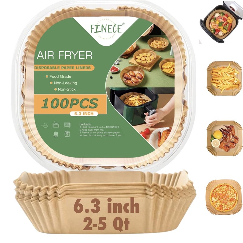 FINECE Air Fryer Liners Square, 100PCS for 2 to 5 Qt Square 6.3 IN, Natural