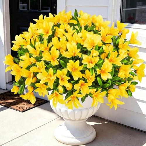 8 Bundles Artificial Flowers for Outdoors, Fake Silk Flowers Azalea Yellow