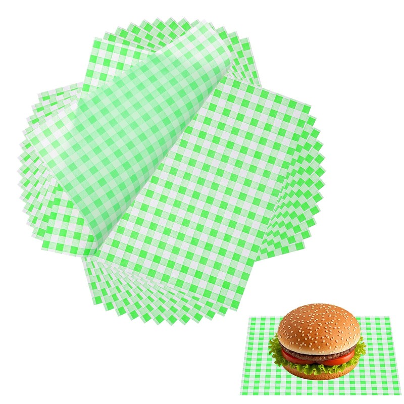 100 Pcs Wax Paper Sheets, 7 x 7" Checkered Square Wrapping Paper, Green