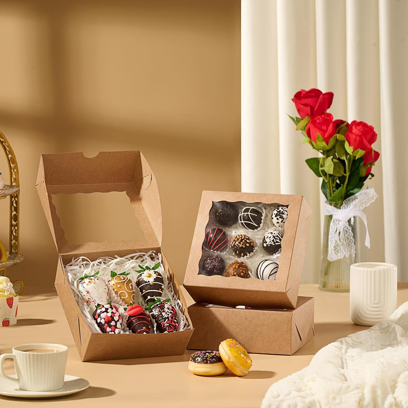 15Pcs Cookie Boxes with Window, 6X6X2.5In Brown Bakery Boxes for Treats, Small C gallery