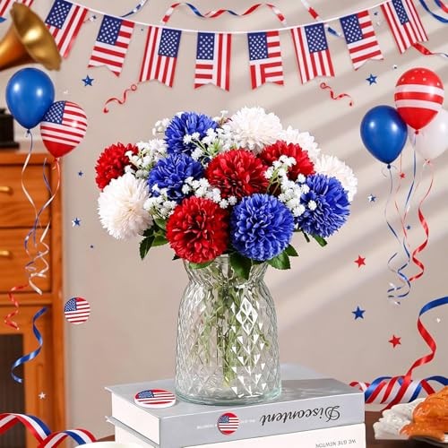 24pcs 4th of July Flowers Artificial Chrysanthemum Ball Red Blue White-24pcs gallery