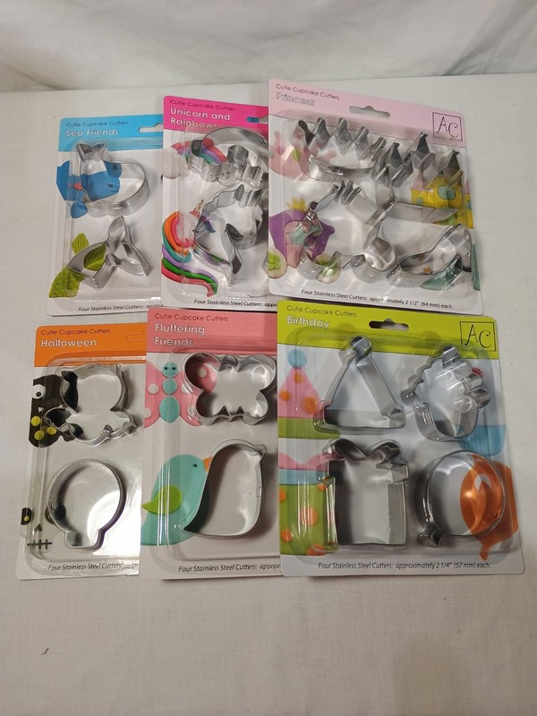 New stainless steel cookie cutter sets. Each pack has four cutters. Themes inclu