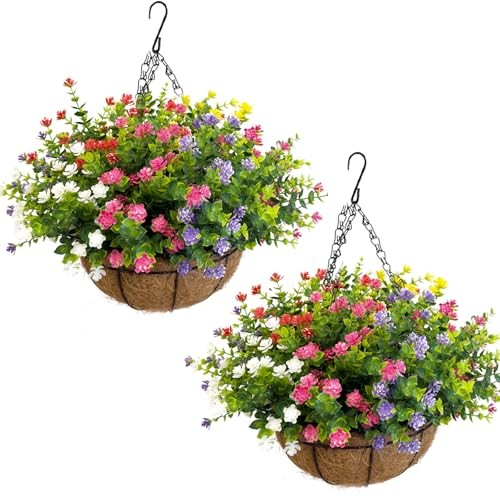 Artificial Hanging Plants Flowers with Basket 2 Multi (4yl-4pl-4pk-4rd-4wt-4gn) gallery