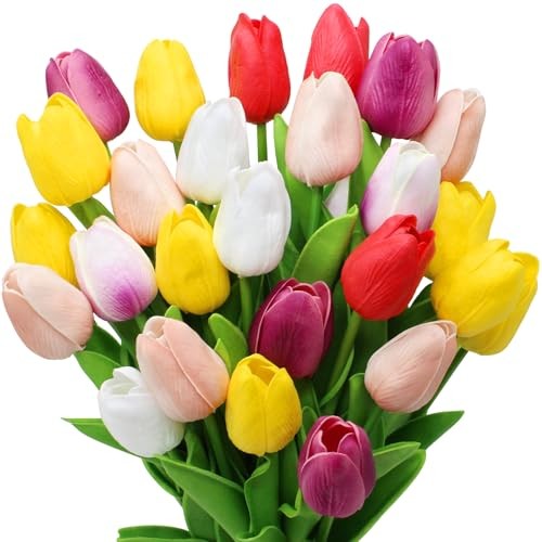28pcs Multicolor Flowers Artificial Tulip Stems Real Feel PU Tulips Multi Color gallery