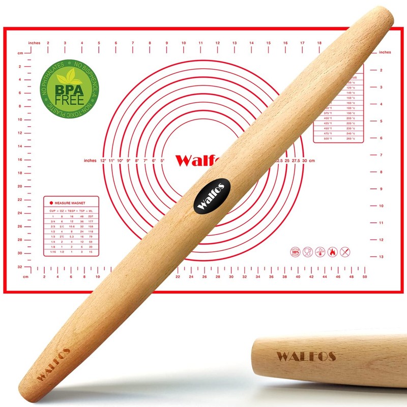 WALFOS 15.7 in beech wood + pastry mat, Wooden Rolling Pin and Pastry Mat