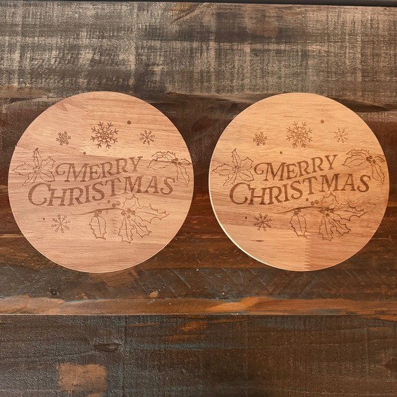 Set of 2 Wooden 6.5″ Merry Christmas Cake Stands Dessert Display Lazer Engraved
