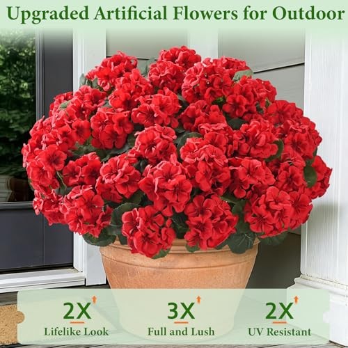 8 Bundles Artificial Flowers for Outdoors, Realistic Geraniums Fake 8 Pack Red gallery