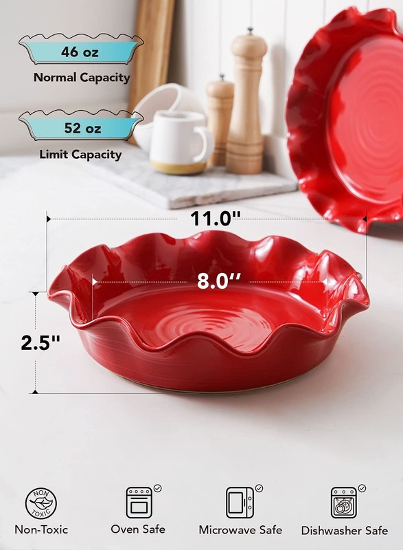 LE TAUCI Ceramic Pie Pans for Baking, 11 Inches Deep Dish Plate M, Red gallery