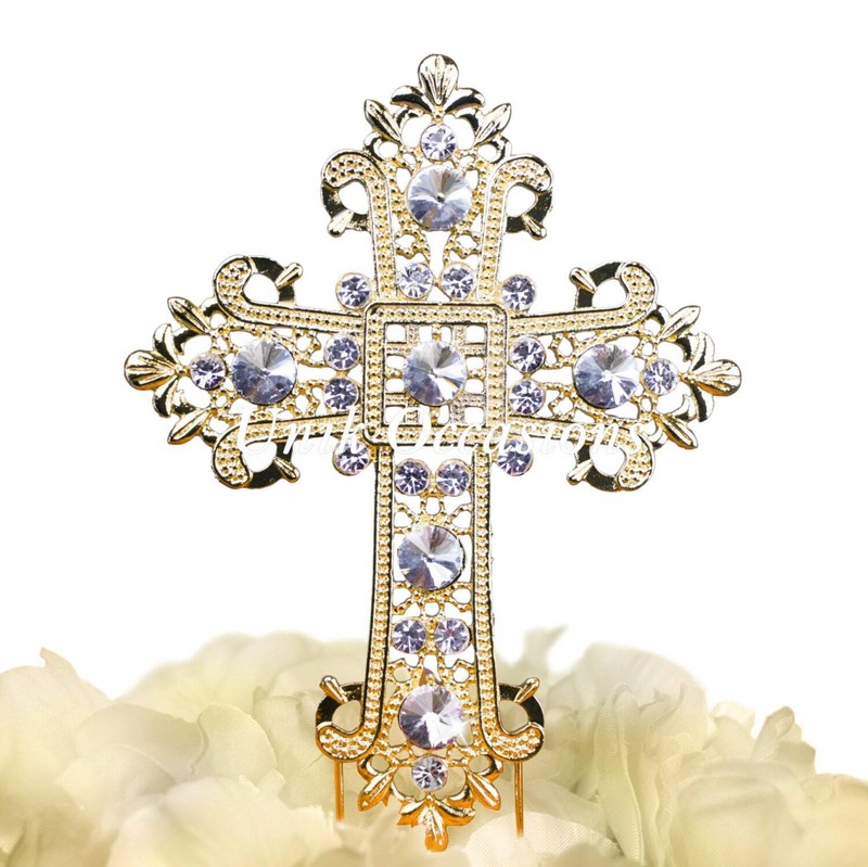 17 Main Fancy Rhinestone Cake Topper – Gold Cross