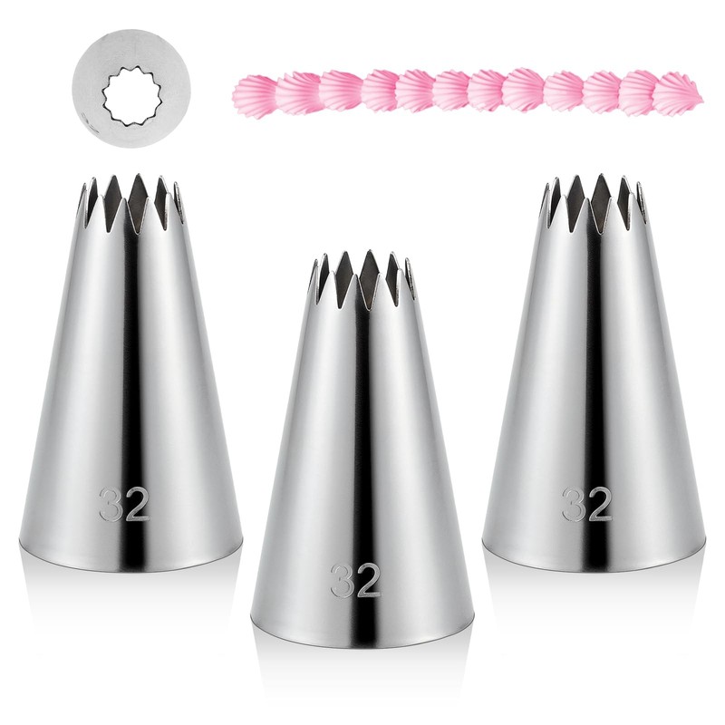 3 Pieces #32 Cake Piping Tip Open Star Icing Tip Seamless Icing Tips Stainles…