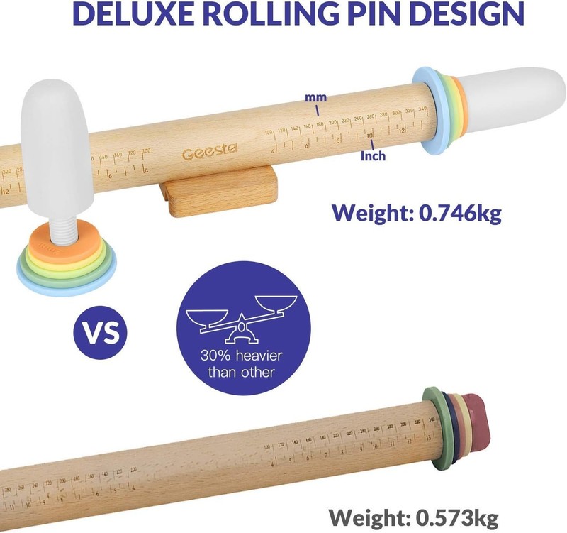Adjustable Wood Rolling Pin with 5 Thickness Rings, Precise Dough Roller Hand... gallery