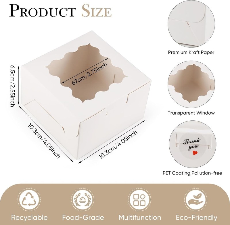 20 Pack Cookie Boxes with Window, 4x4x2.5 Inch White Bakery Box, Kraft Paper gallery
