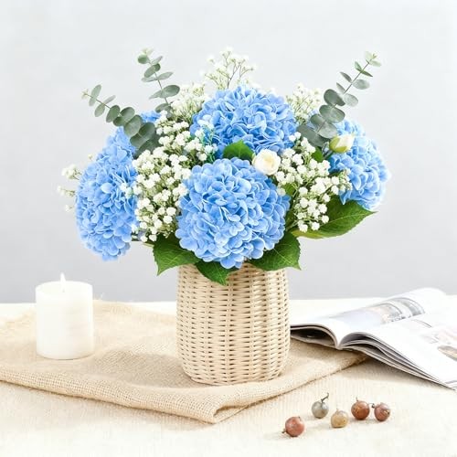 21" Real Touch Hydrangea Artificial Flowers with Stems - Fake Silk - 3 Pcs Blue gallery