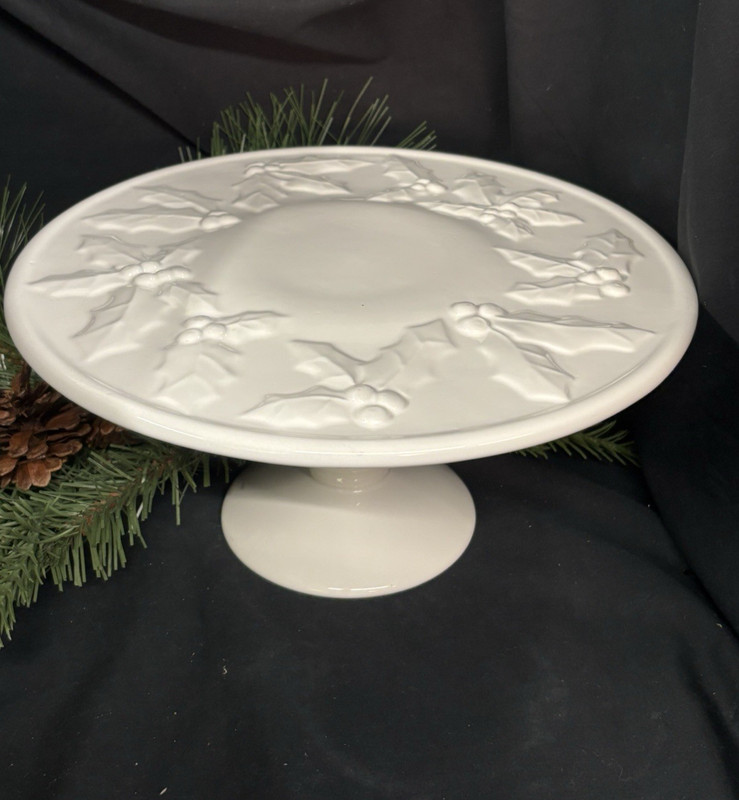 Vintage White 11" Ceramic Holly and Berries Pedestal Cake Stand gallery