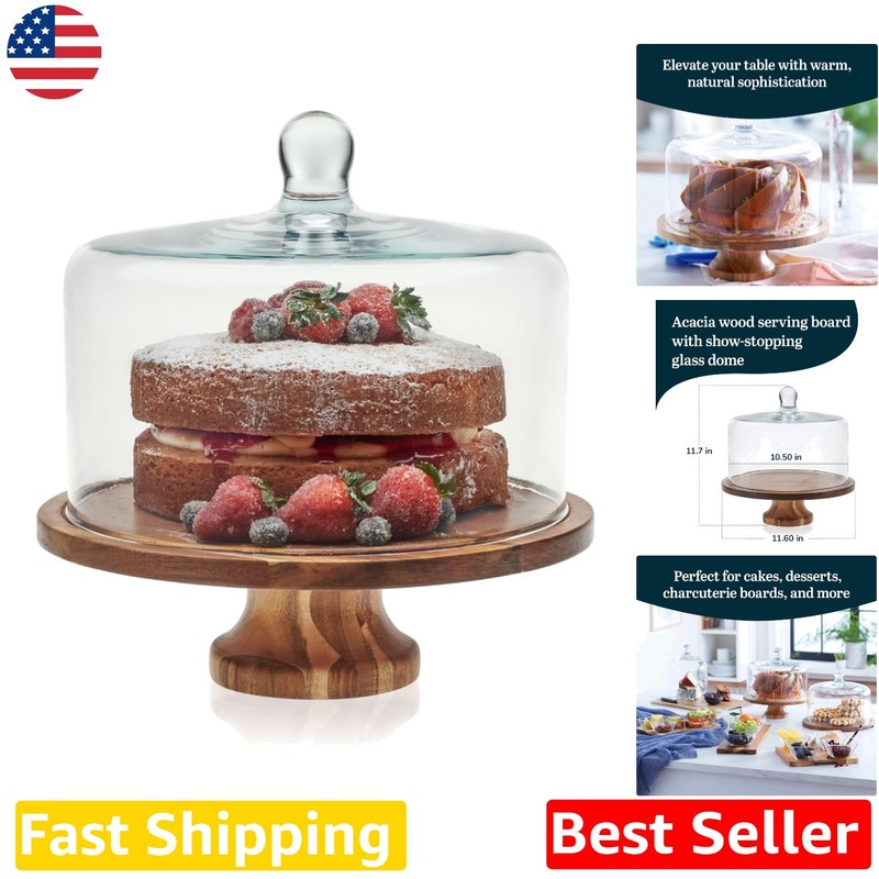 Acacia Wood Cake Stand w/Glass Dome, Footed Dessert Server, Elegant Rustic Di…