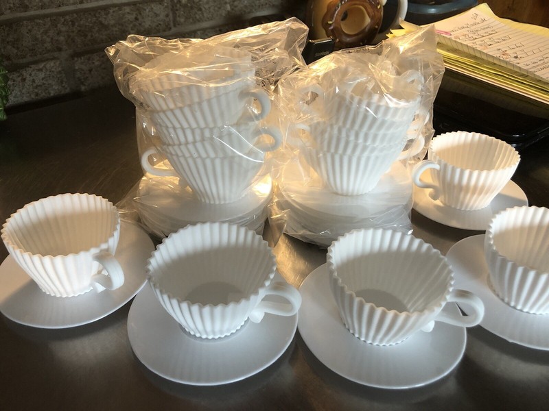 Set Of 6 White Silicone Teacups +Saucers Perfect For Any Party Serving Cupcakes gallery