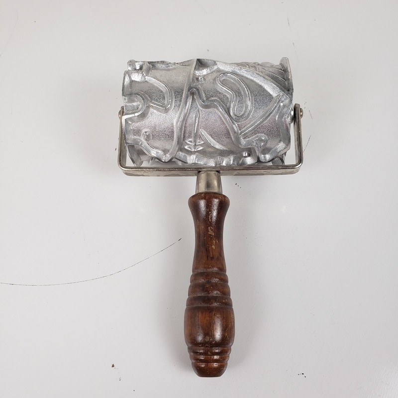 Vintage Monopol Cookie Roller Aluminum Embossed Designs Wood Handle 4 Inch gallery