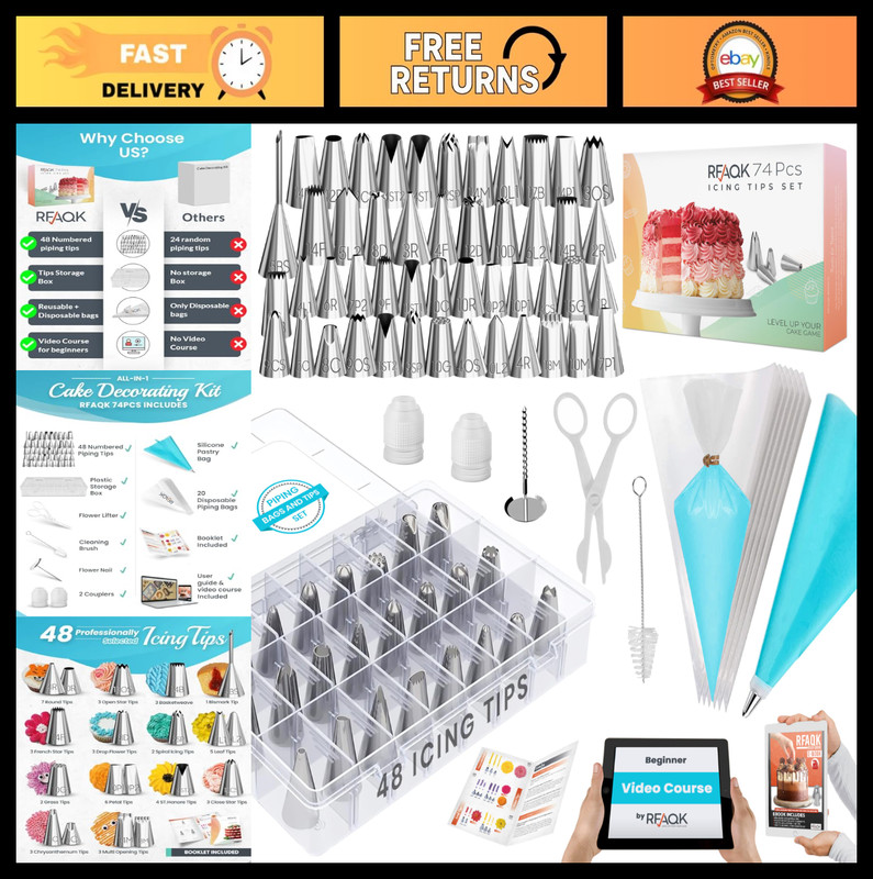 74-Pc Cake Decorating Set – Icing Piping Bags, 48 Numbered Tips, Anti-Burst Past