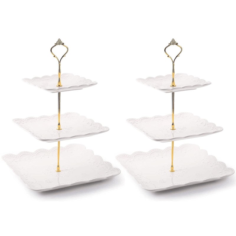 2 Pack 3tier White Ceramic Embossed Dessert Cake Tower Stand With Gold Carry Han