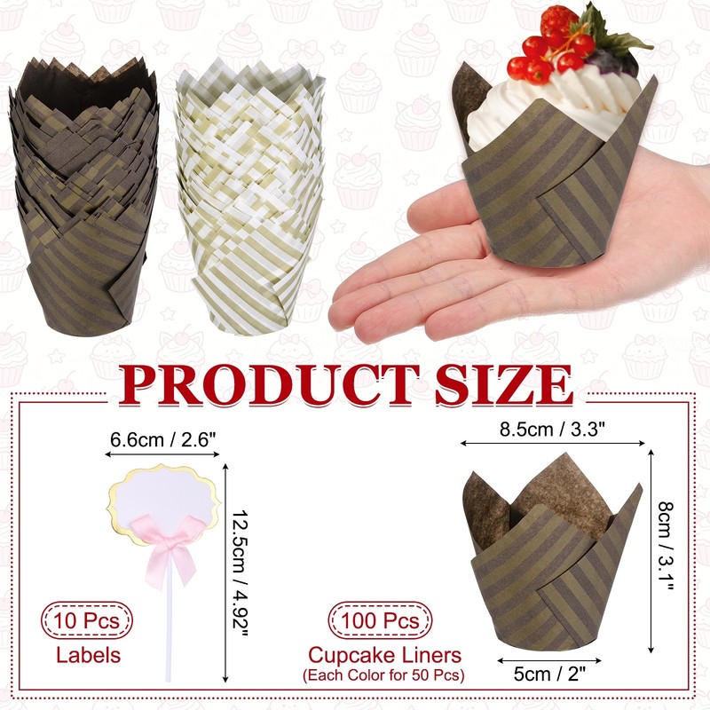 100Pcs Striped Tulip Cupcake Liners with 10Pcs Cheese Markers, White/Brown gallery