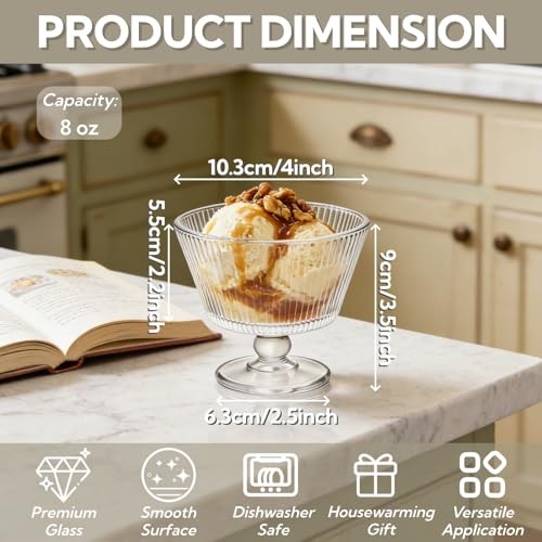 Set of 6 Glass Dessert Bowls, 8 Oz Footed Ice Cream Cups with Pedestal, gallery