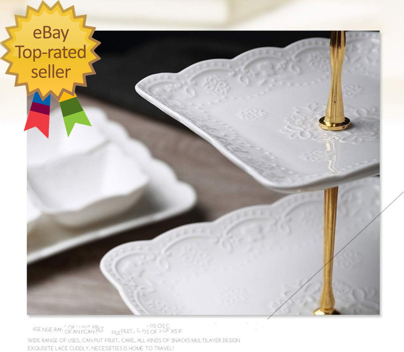3 Tier Porcelain Cupcake Stand Tiered Serving Cake Stand Square White Embossed gallery